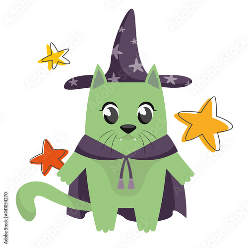 Cat in astrologer costume. Halloween character in cartoon style