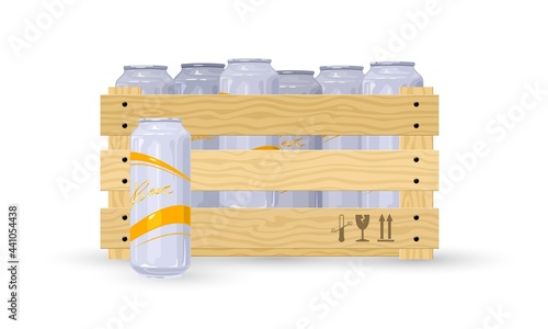 Cartoon bunch of lager or light beer drink in wooden box. Vector shipment to stores, alcohol transport, night club beverage, booze and alcohol export concept isolated on white background