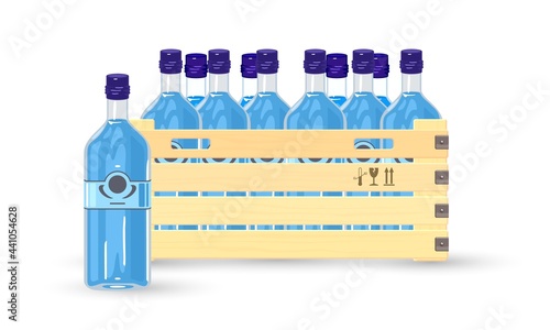 Cartoon component for cocktail gin and tonic. Vector alcoholic beverage, wooden box filled with drinks for storage, shipment from storage facility to cafes. Alcohol transport idea isolated on white