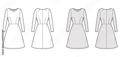 Dress A-line technical fashion illustration with long sleeves  fitted body  natural waistline  knee length skirt. Flat apparel front  back  white  grey color style. Women  men unisex CAD mockup