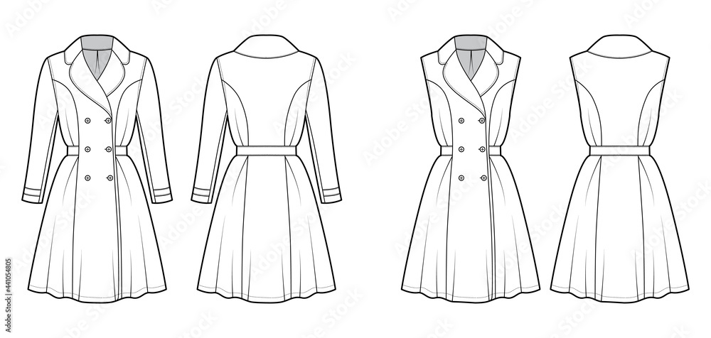 Set of Dresses coat trench technical fashion illustration with double breasted, long sleeve, fitted body, knee length. Flat apparel front, back, white color style. Women, men unisex CAD mockup Set of Dresses coat trench technical fashion illustration with double breasted, long sleeve, fitted body, knee length. Flat apparel front, back, white color style. Women, men unisex CAD mockup