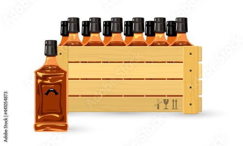 Cartoon premium brandy for restaurants and bars. Vector alcohol transport to stores, markets and night clubs. Home alcohol manufacturing and shipment concept isolated on white