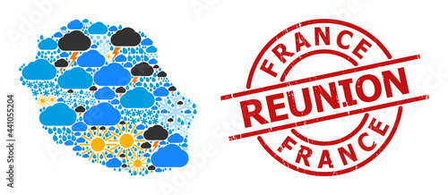 Weather pattern map of Reunion Island, and grunge red round seal. Geographic vector concept map of Reunion Island is organized from random rain, cloud, sun, thunderstorm items.