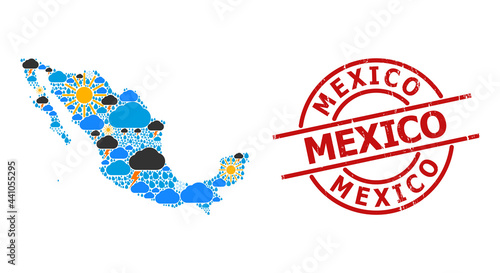 Weather collage map of Mexico, and distress red round stamp. Geographic vector collage map of Mexico is designed with random rain, cloud, sun, thunderstorm symbols.