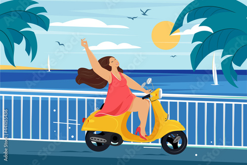 Full joyful girl rides a scooter against the backdrop of a seascape. Body positive woman travels on a motorcycle. Travel, travel concept. Cartoon character. Flat vector illustration.