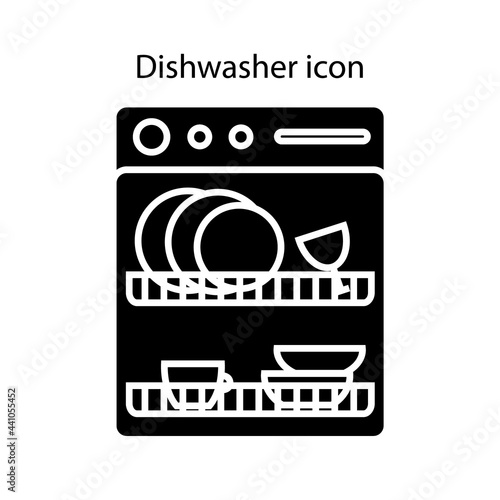 Opened Dishwasher with dishes glyph icon. Domestic machine. Black contour symbol.