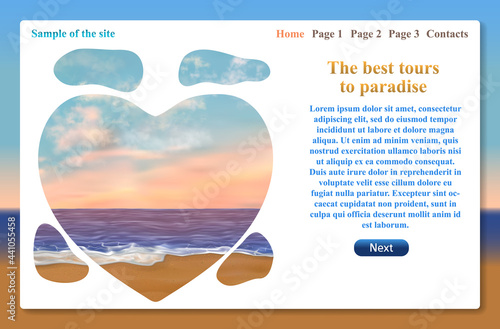 One page website related to vacation trips and tours. Vector template with text and tourist landmarks ifor travel and tour promotion. Illustration with sea, lsand beach, pink sky at sunset or sunrise.