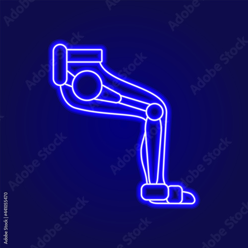 Muscular leg with exoskeleton outline icon. Futuristic medicine. Rehabilitation help. Blue neon contour symbol