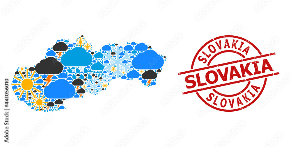 Naklejka premium Weather mosaic map of Slovakia, and rubber red round stamp seal. Geographic vector mosaic map of Slovakia is combined from scattered rain, cloud, sun, thunderstorm.