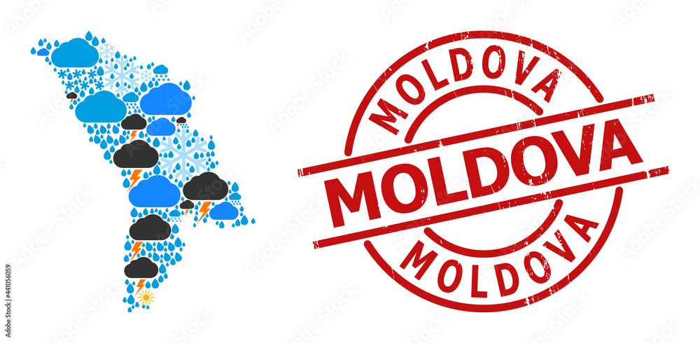 Weather mosaic map of Moldova, and rubber red round badge. Geographic vector mosaic map of Moldova is created from scattered rain, cloud, sun, thunderstorm. Weather mosaic map of Moldova, and rubber red round badge. Geographic vector mosaic map of Moldova is created from scattered rain, cloud, sun, thunderstorm.
