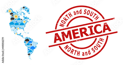 Weather mosaic map of South and North America, and distress red round seal. Geographic vector collage map of South and North America is constructed with scattered rain, cloud, sun, thunderstorm items.