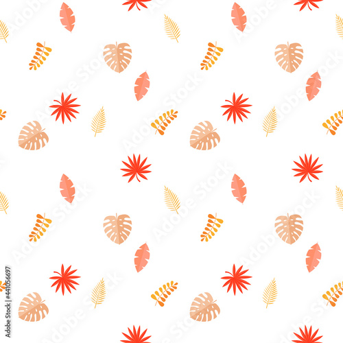 Summer tropical leaves isolated on white background. Seamless pattern. Vector...