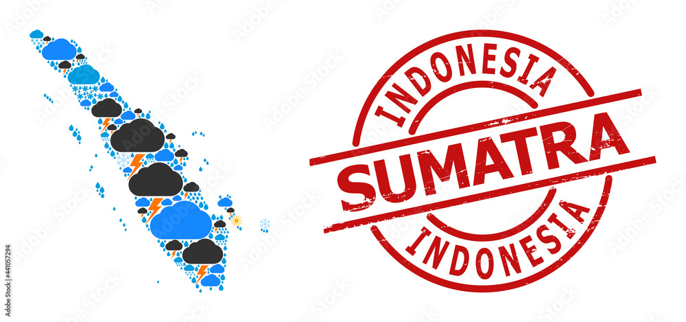 Weather collage map of Sumatra Island, and grunge red round badge. Geographic vector mosaic map of Sumatra Island is composed from randomized rain, cloud, sun, thunderstorm. Weather collage map of Sumatra Island, and grunge red round badge. Geographic vector mosaic map of Sumatra Island is composed from randomized rain, cloud, sun, thunderstorm.