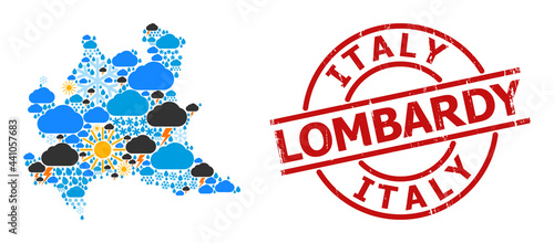 Weather pattern map of Lombardy region, and scratched red round seal. Geographic vector composition map of Lombardy region is created from random rain, cloud, sun, thunderstorm icons.