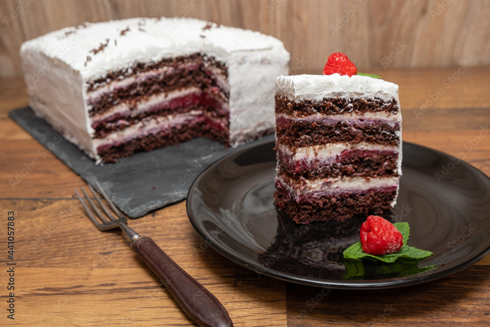 Chocolate raspberry cake with cream filling