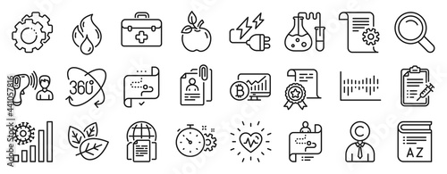 Set of Science icons  such as Technical documentation  Organic tested  Vaccine report icons. Electronic thermometer  Search  Internet documents signs. Interview documents  Flammable fuel. Vector