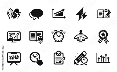 Vector set of Growth chart, Presentation and Talk bubble icons simple set. Rfp, Analytics graph and Alarm clock icons. Safe time, Court judge and Chart signs. Growth chart simple web symbol. Vector