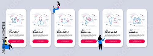 Set of People icons, such as Human, Lawyer, Employees handshake icons. UI phone app screens with teamwork. Algorithm, Identification card, Clean hands line symbols. Vector