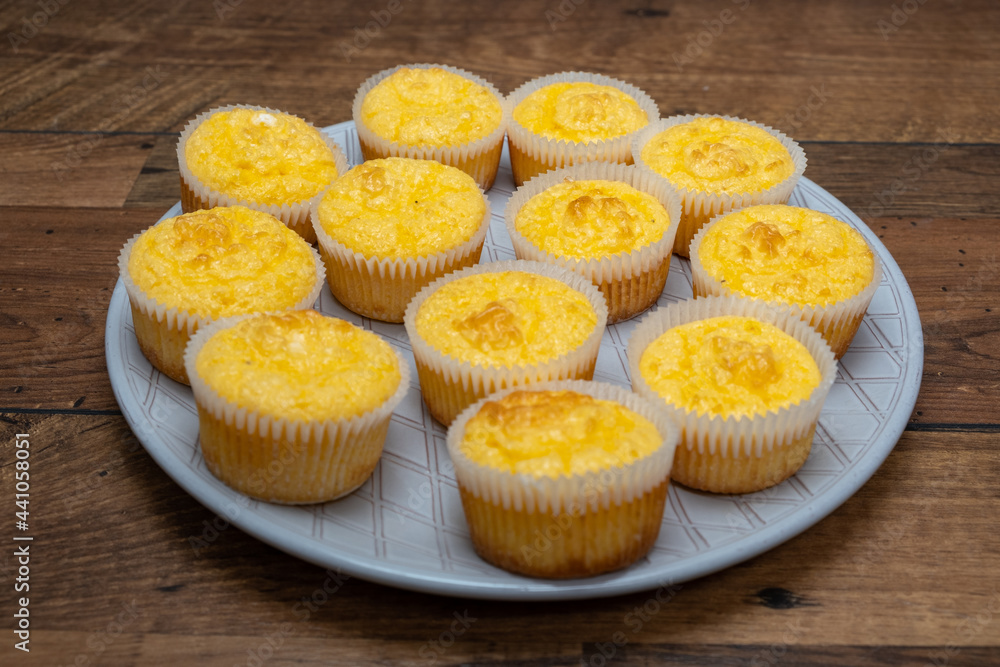 Freshly baked muffins with eggs, cheese, bacon