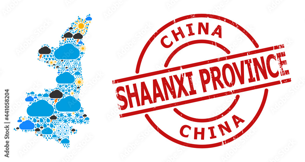Weather pattern map of Shaanxi Province, and distress red round stamp seal. Geographic vector composition map of Shaanxi Province is done from scattered rain, cloud, sun, thunderstorm. Weather pattern map of Shaanxi Province, and distress red round stamp seal. Geographic vector composition map of Shaanxi Province is done from scattered rain, cloud, sun, thunderstorm.