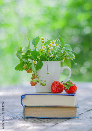 red strawberries and a cup with flowers on books on a table in the garden