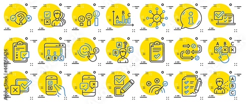 Survey, Report review line icons. Opinion, Customer satisfaction feedback and Test icons. Checklist review, Quiz and Business report symbols. Evaluation quiz, Feedback chart, Management. Vector
