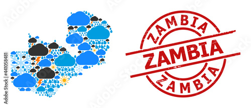 Weather mosaic map of Zambia, and rubber red round stamp. Geographic vector mosaic map of Zambia is designed from scattered rain, cloud, sun, thunderstorm icons.