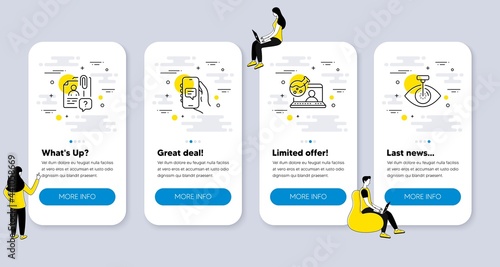 Set of People icons, such as Chat app, Online chemistry, Search employee icons. UI phone app screens with people. Eye laser line symbols. Smartphone message, Lab flask, Questions for candidate. Vector