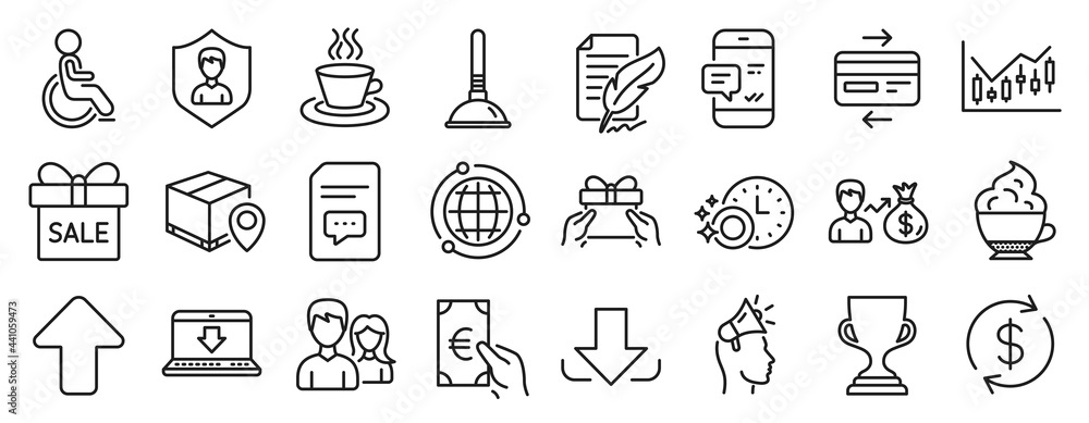 Set of line icons, such as Sale offer, Plunger, Tea cup icons. Credit card, Financial diagram, Give present signs. Dishwasher timer, Globe, Finance. Smartphone notification, Sallary. Vector Set of line icons, such as Sale offer, Plunger, Tea cup icons. Credit card, Financial diagram, Give present signs. Dishwasher timer, Globe, Finance. Smartphone notification, Sallary. Vector