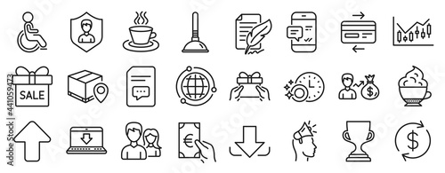Set of line icons, such as Sale offer, Plunger, Tea cup icons. Credit card, Financial diagram, Give present signs. Dishwasher timer, Globe, Finance. Smartphone notification, Sallary. Vector