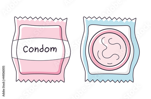 Pink condom package isolated cartoon vector