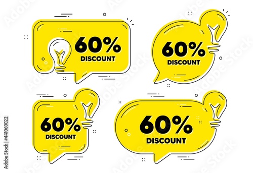 60 percent Discount. Idea yellow chat bubbles. Sale offer price sign. Special offer symbol. Discount chat message banners. Idea lightbulb balloons. Vector