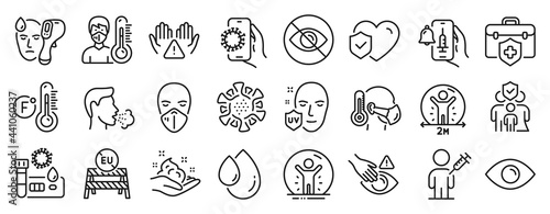 Set of Medical icons, such as Medical insurance, Family insurance, Covid test icons. Sick man, Eye, Medical mask signs. Not looking, Coronavirus, Vaccine announcement. People vaccination. Vector