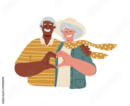 Eldery people making heart with their fingers and smiling,love.Multiracial couple of old people.Vector flat illustration