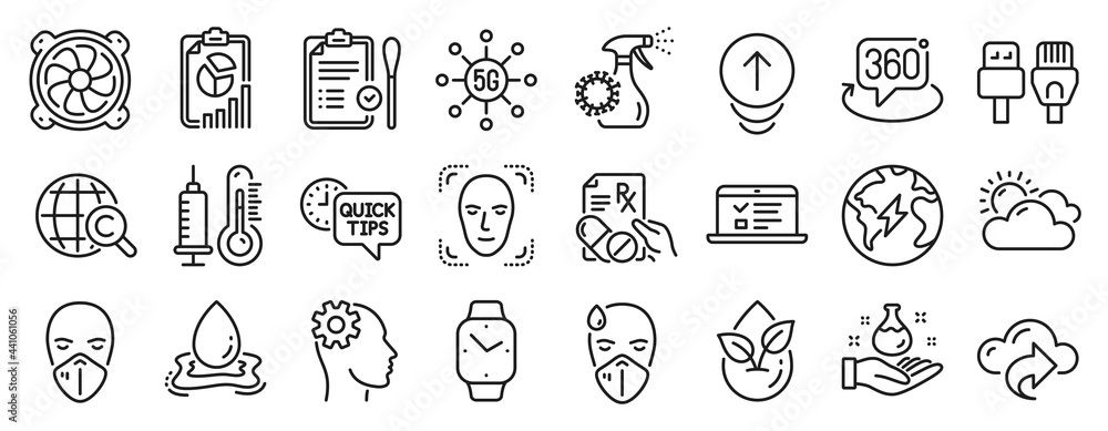 Set of Science icons, such as Nasal test, Medical mask, Face detection icons. Quick tips, Water splash, Swipe up signs. Computer fan, Web lectures, Cloud share. Organic product, Report. Vector Set of Science icons, such as Nasal test, Medical mask, Face detection icons. Quick tips, Water splash, Swipe up signs. Computer fan, Web lectures, Cloud share. Organic product, Report. Vector