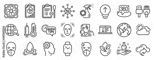 Set of Science icons  such as Nasal test  Medical mask  Face detection icons. Quick tips  Water splash  Swipe up signs. Computer fan  Web lectures  Cloud share. Organic product  Report. Vector