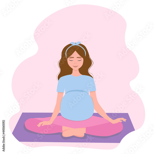 Pregnant woman doing yoga Vector illustration. Pregnancy health concept.