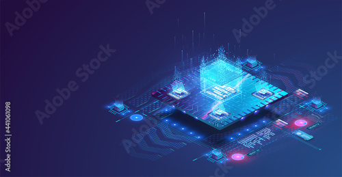 Processor microchip banner in isometric. A futuristic microchip processor with components. High-tech microchip and microprocessor AI.Technology for development of electronic devices on microprocessor