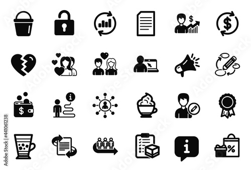 Vector Set of simple icons related to Break up, Frappe and Update data icons. Cappuccino cream, Couple and Lock signs. Megaphone, Shopping and Business growth. Dollar exchange, Success. Vector