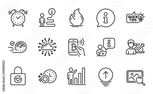 Technology icons set. Included icon as Alarm clock, Success business, Password encryption signs. Cloud network, Dishwasher timer, Fire energy symbols. Search photo, Speedometer, Swipe up. Vector