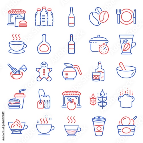 Food and drink icons set. Included icon as Doppio, Ice cream, Restaurant food signs. Gingerbread man, Wine, Espresso cream symbols. Takeaway coffee, Beer, Coffeepot. Market, Cooking mix. Vector