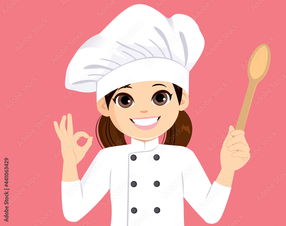 Happy little girl chef making ok hand gesture smiling Happy little girl chef making ok hand gesture smiling