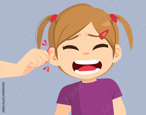 Hand pulling sad girl ear bad physical harm punishment concept