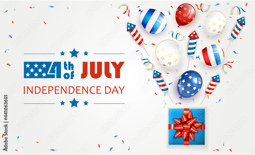 Independence Day White Background with Fireworks and Balloons Independence Day White Background with Fireworks and Balloons