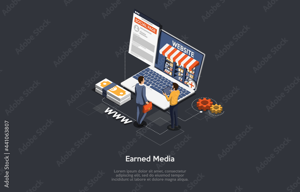 Isometric Vector Composition. Cartoon 3D Style Conceptual Illustration With People And Objects. Earned Media Ideas, Website Advertising, Modern Product Placement Methods, Social Pages, Characters.