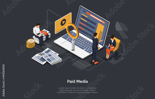 Isometric Vector Composition. Cartoon 3D Style Conceptual Illustration With People And Objects. Paid Media Content, Internet Product Contextual Advertising. Computer, Characters Around, Infographics.