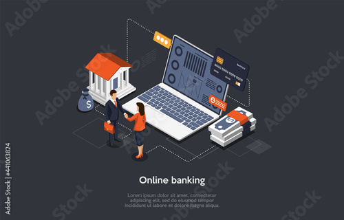 Isometric Vector Composition. Cartoon 3D Style Conceptual Illustration With People And Objects. Online Banking, Internet Money Control. Laptop, Info On Screen, Building, Businesspeople Shaking Hands. © Intpro