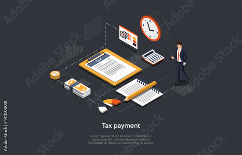 Illustration On Dark Background With Infographic Elements. 3D Style, Isometric Composition. Vector Design. Tax Payment, Legal Financial Business Operations. Government Necessary Paying Declaration.