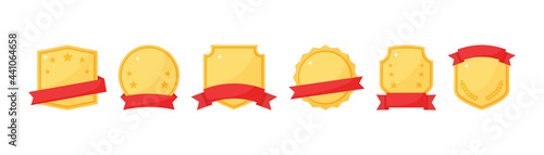 Shield vector icon with red ribbon. Award banner, golden escutcheon , geraldy badge. Winner illustration