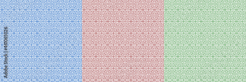 Greek key vector set seamless pattern, geometric background, colorful grunge meander ornament, roman line print. Abstract graphic illustration